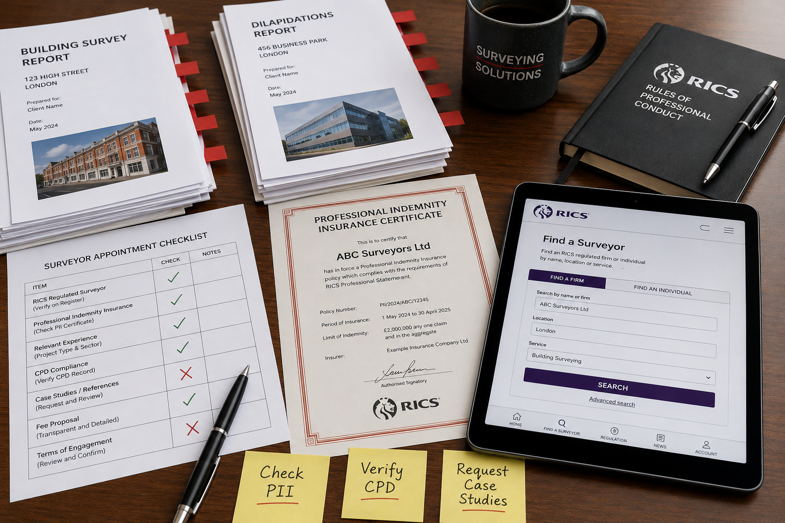 () showing a close-up overhead view of a professional surveyor's desk with red-flagged documents, a checklist with tick