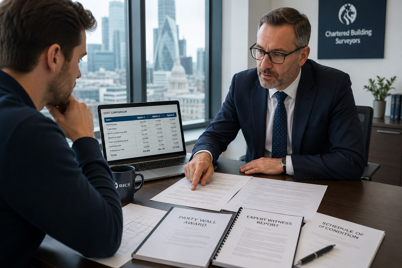 () depicting a formal meeting scene between a property owner and a chartered building surveyor across a conference table.