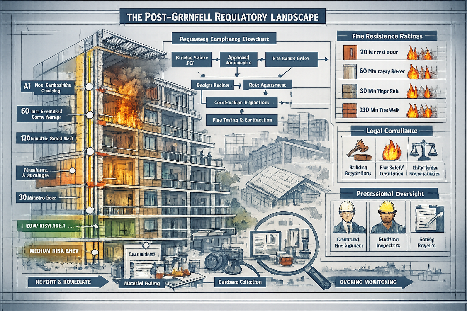 Complex architectural rendering depicting the Post-Grenfell Regulatory Landscape, showing multi-story building cross-section with transparen