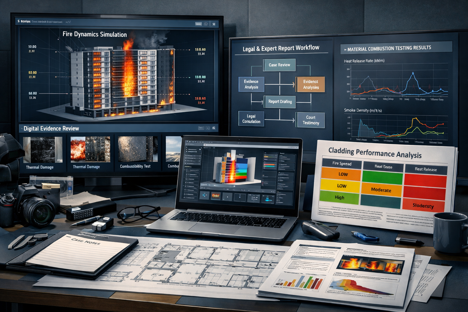 Technical expert witness preparation visualization showing forensic analysis workspace, featuring high-resolution technical documents, digit