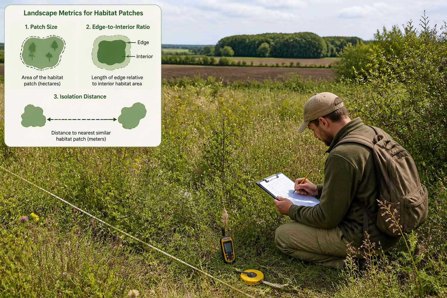 () detailed field scene showing a biodiversity surveyor kneeling in a meadow edge habitat, recording data on a clipboard