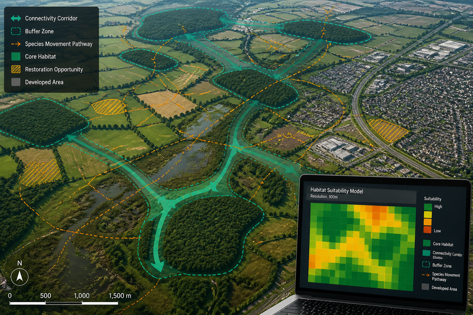 () bird's-eye drone perspective showing a patchwork landscape of fragmented habitats — woodland blocks, hedgerows, wetland