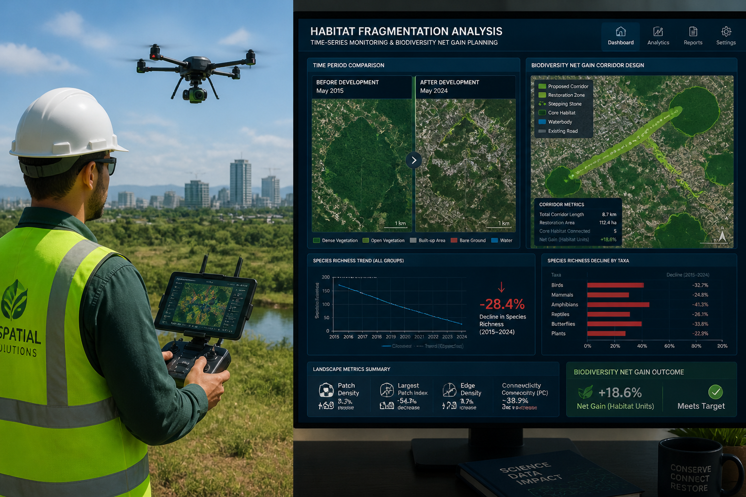() split-composition image: left half shows a field surveyor using a multispectral drone controller in a semi-urban