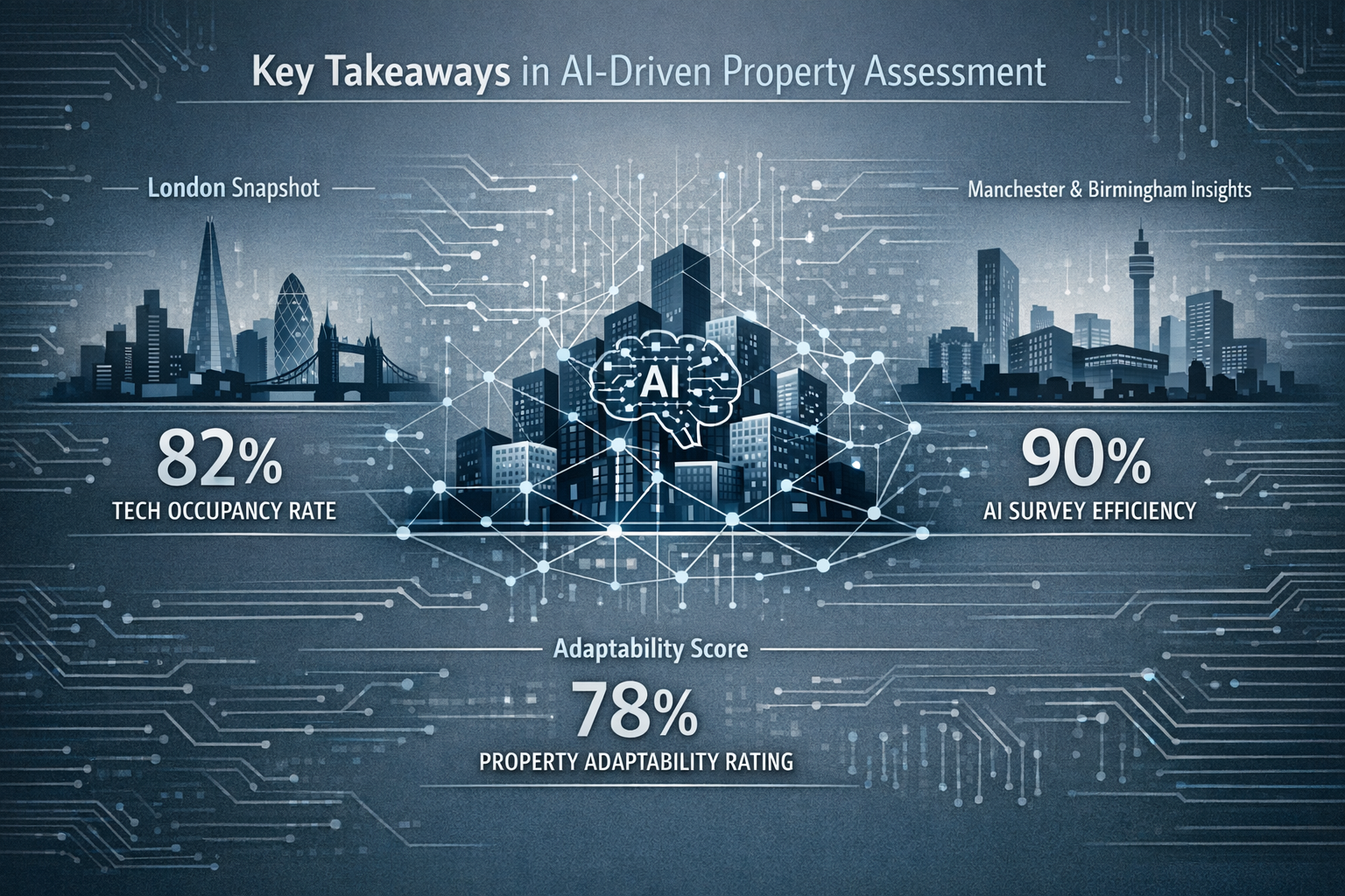 Comprehensive infographic visualizing 'Key Takeaways' for AI-driven property assessment, featuring data visualization with