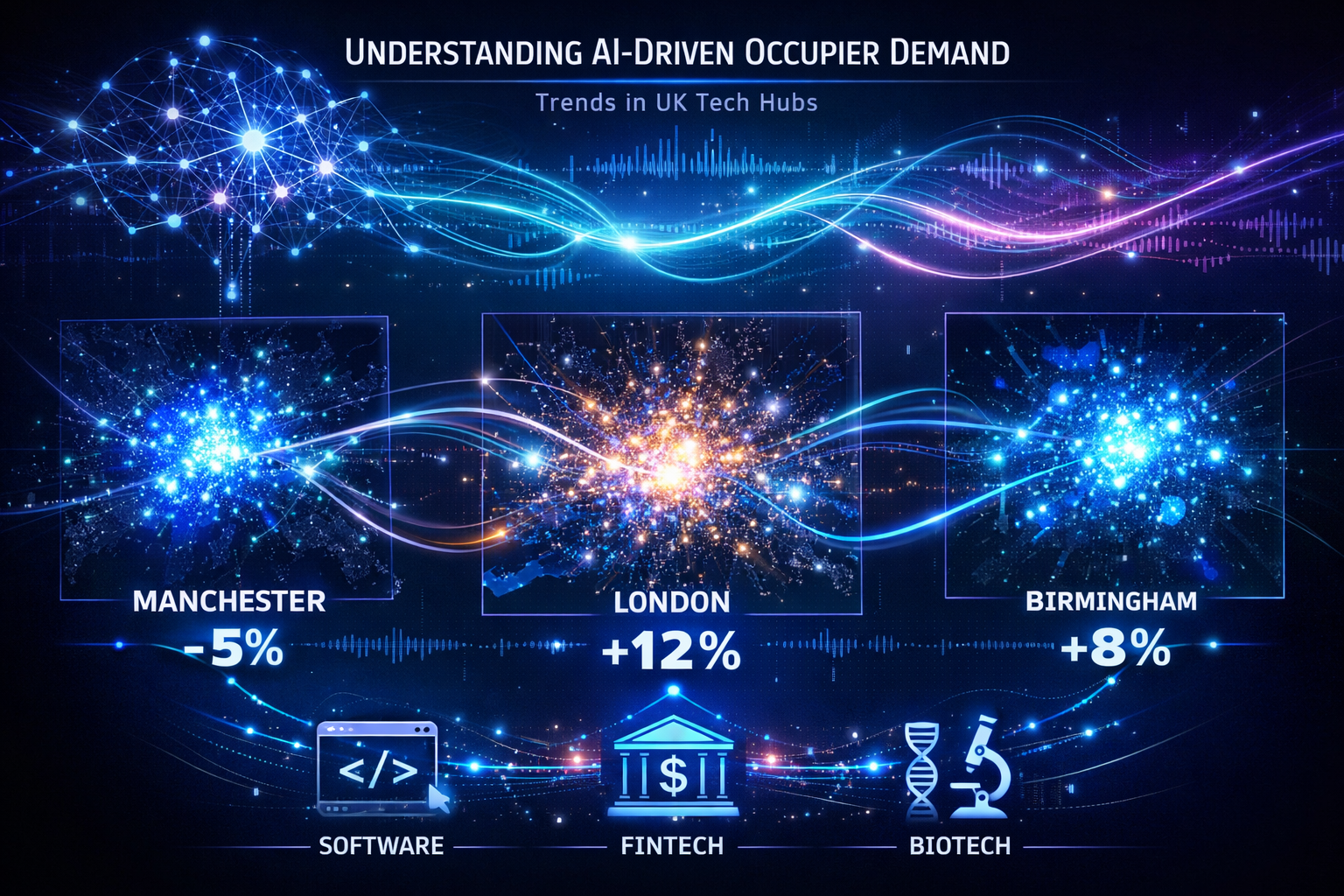 Dynamic data visualization mapping 'Understanding AI-Driven Occupier Demand' in UK tech hubs, showcasing heat map of London,