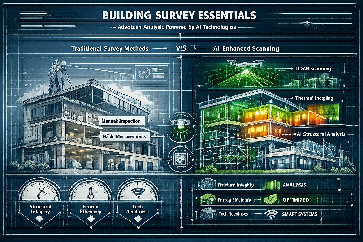 Intricate architectural cross-section infographic detailing 'Building Survey Essentials', revealing layered building