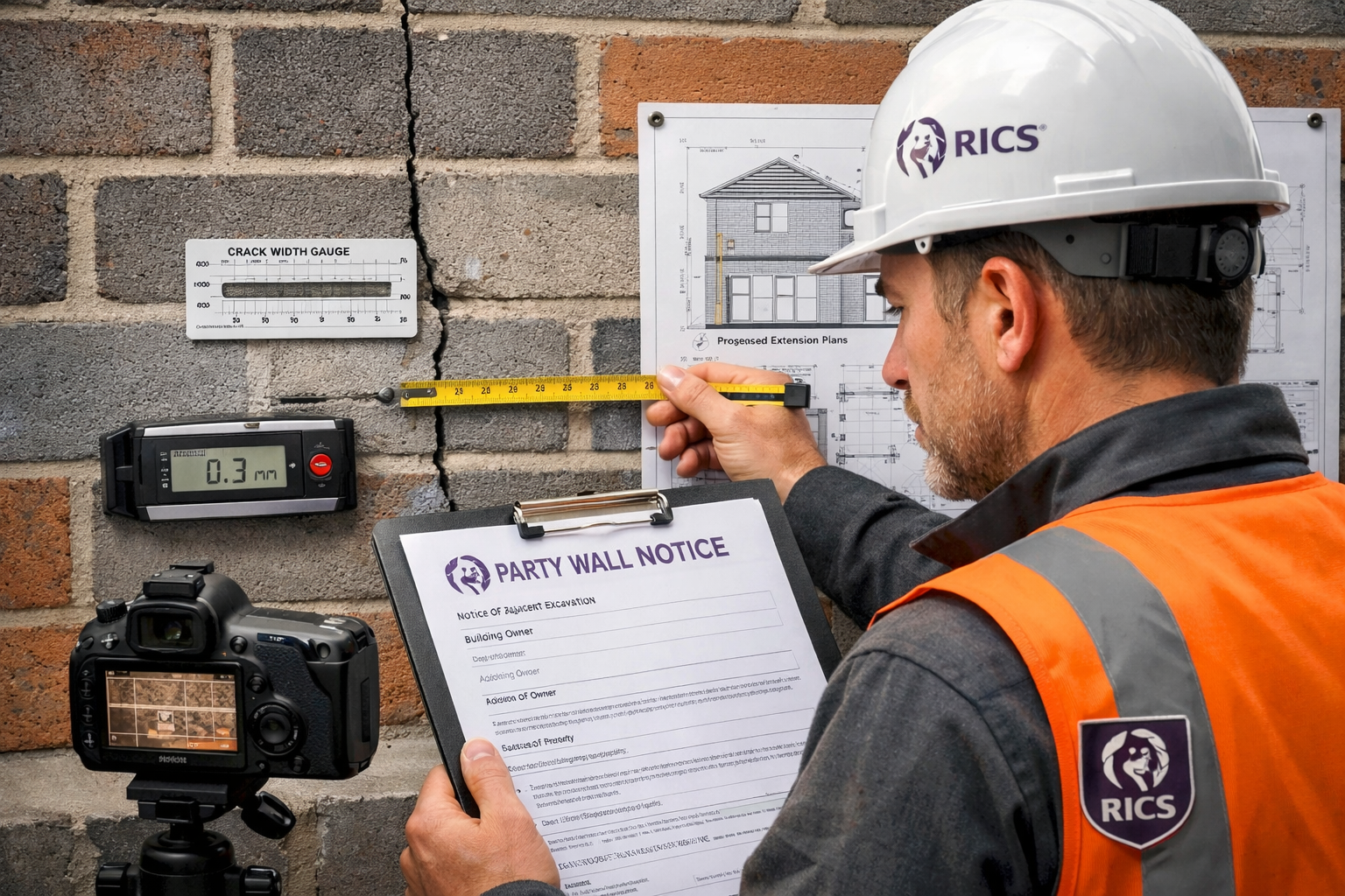 Detailed () image showing close-up of party wall surveyor conducting pre-construction inspection at boundary between