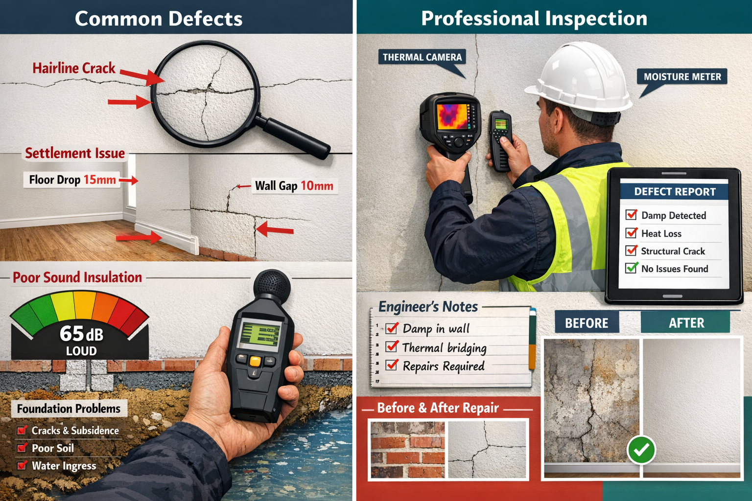 Detailed () split-screen comparison image showing defect identification in new build properties. Left panel displays common