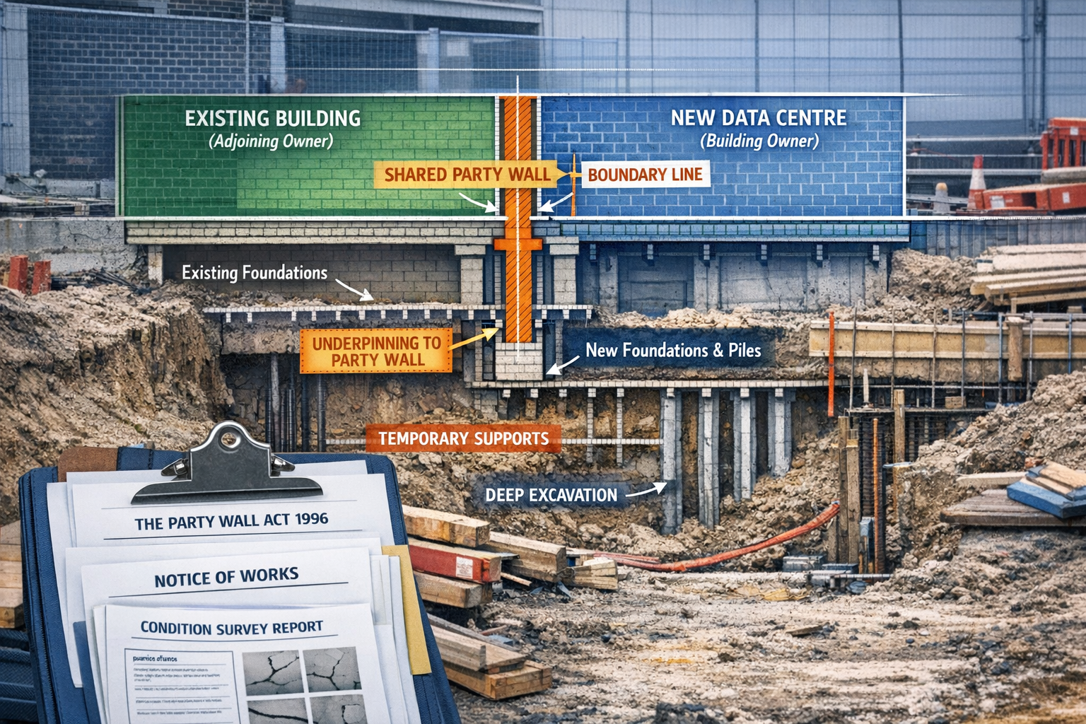 Landscape format (1536x1024) editorial image showing detailed architectural cross-section diagram of a data centre expansion project adjacen