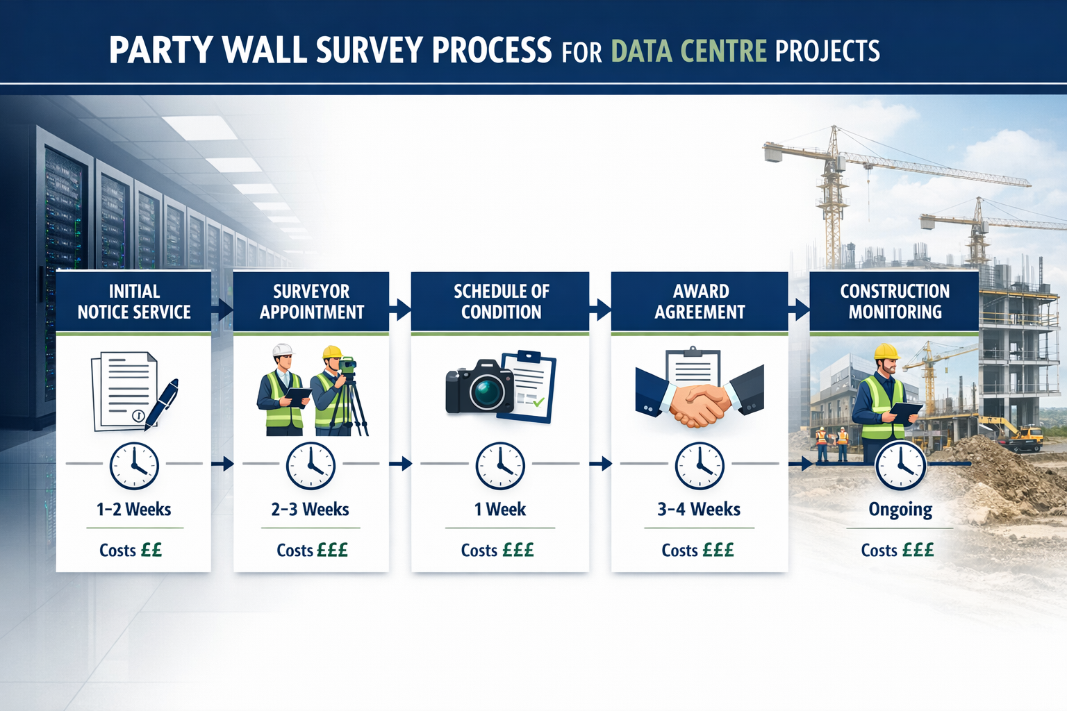 Landscape format (1536x1024) professional infographic-style image depicting the party wall survey process timeline for data centre projects.