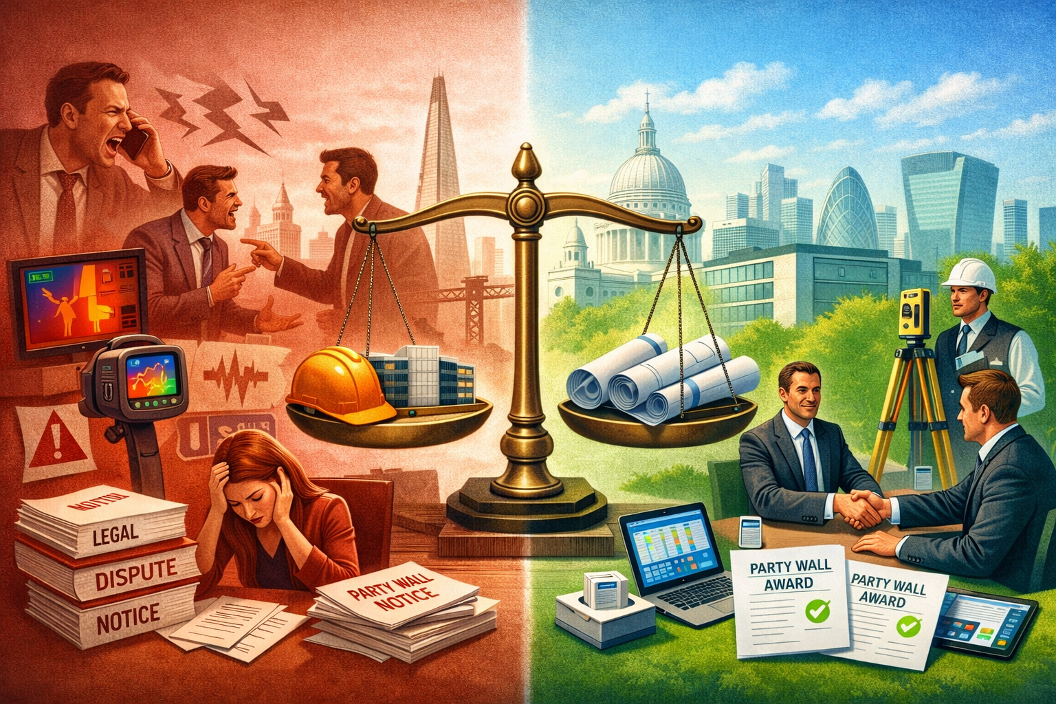 Landscape format (1536x1024) image showing split-screen composition comparing traditional party wall disputes versus modern collaborative re