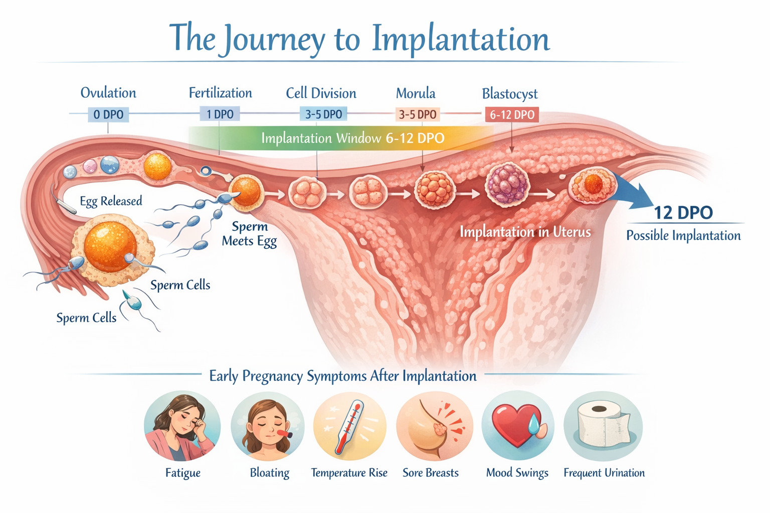 A detailed infographic-style landscape image () illustrating the typical timeline of conception and implantation,