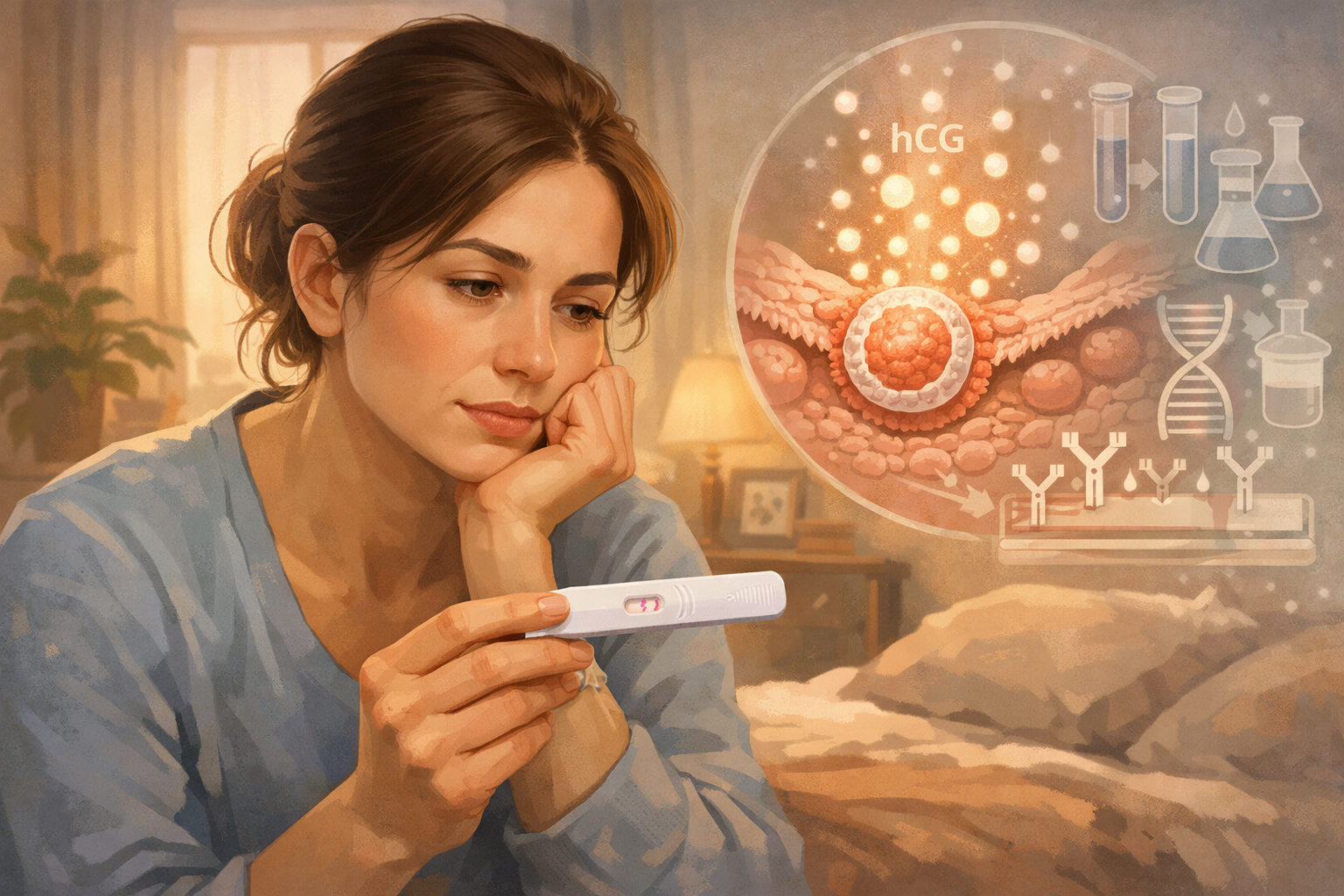 An illustrative landscape image () showing a woman thoughtfully considering a pregnancy test kit, with a faint positive line