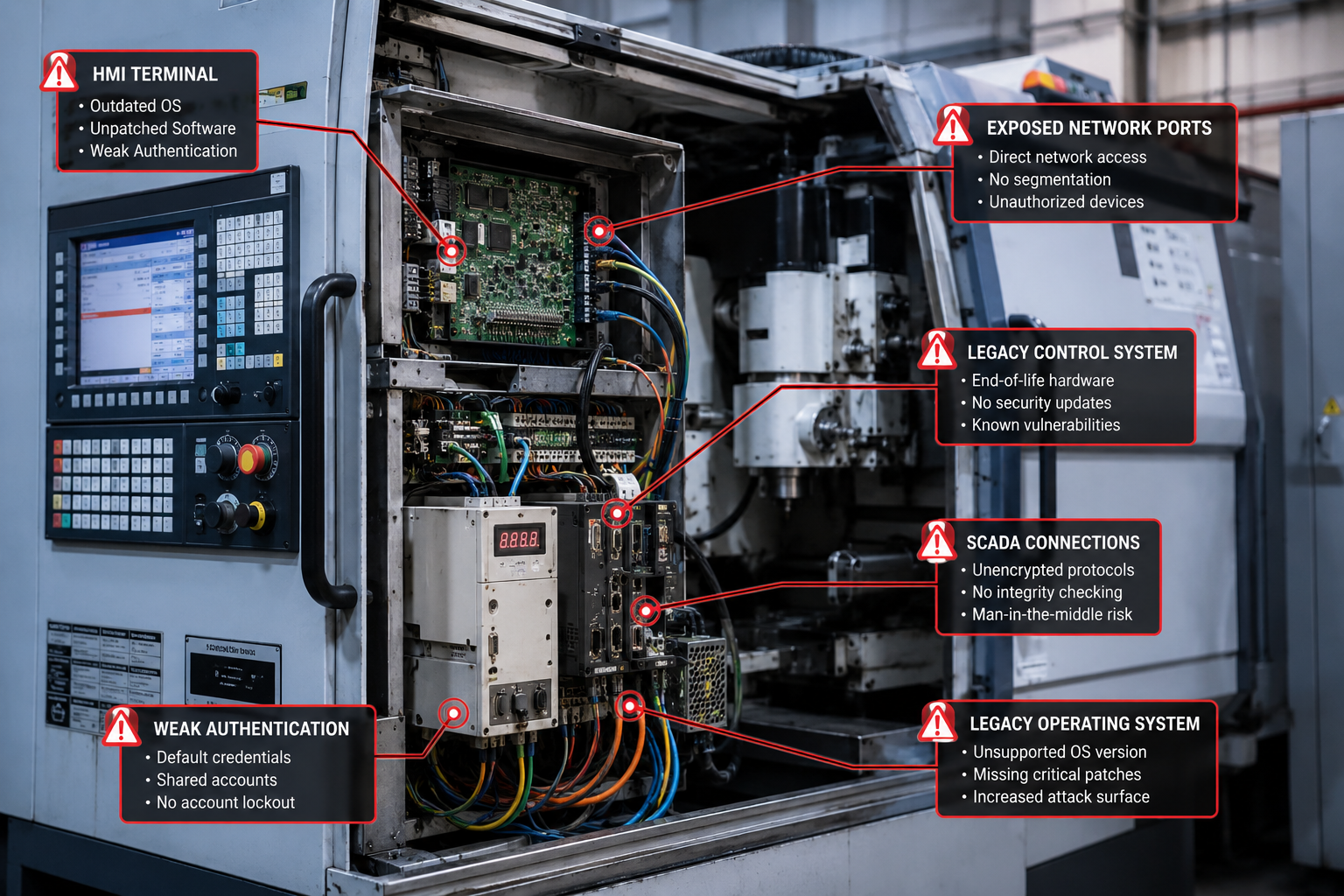 () detailed cutaway view of legacy manufacturing equipment showing internal vulnerabilities - exposed network ports,
