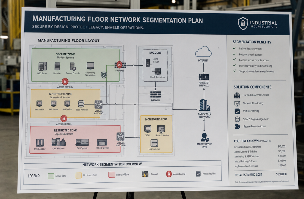 () network segmentation diagram showing manufacturing floor layout with legacy equipment isolated in secure zones. Visual