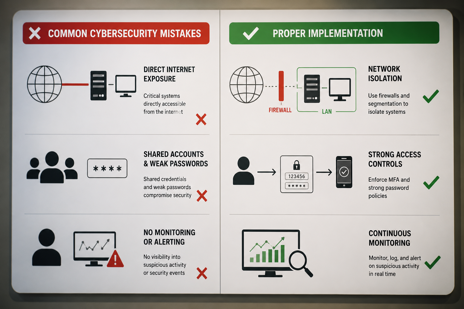 () side-by-side comparison showing common cybersecurity mistakes versus proper implementation. Left side displays vulnerable