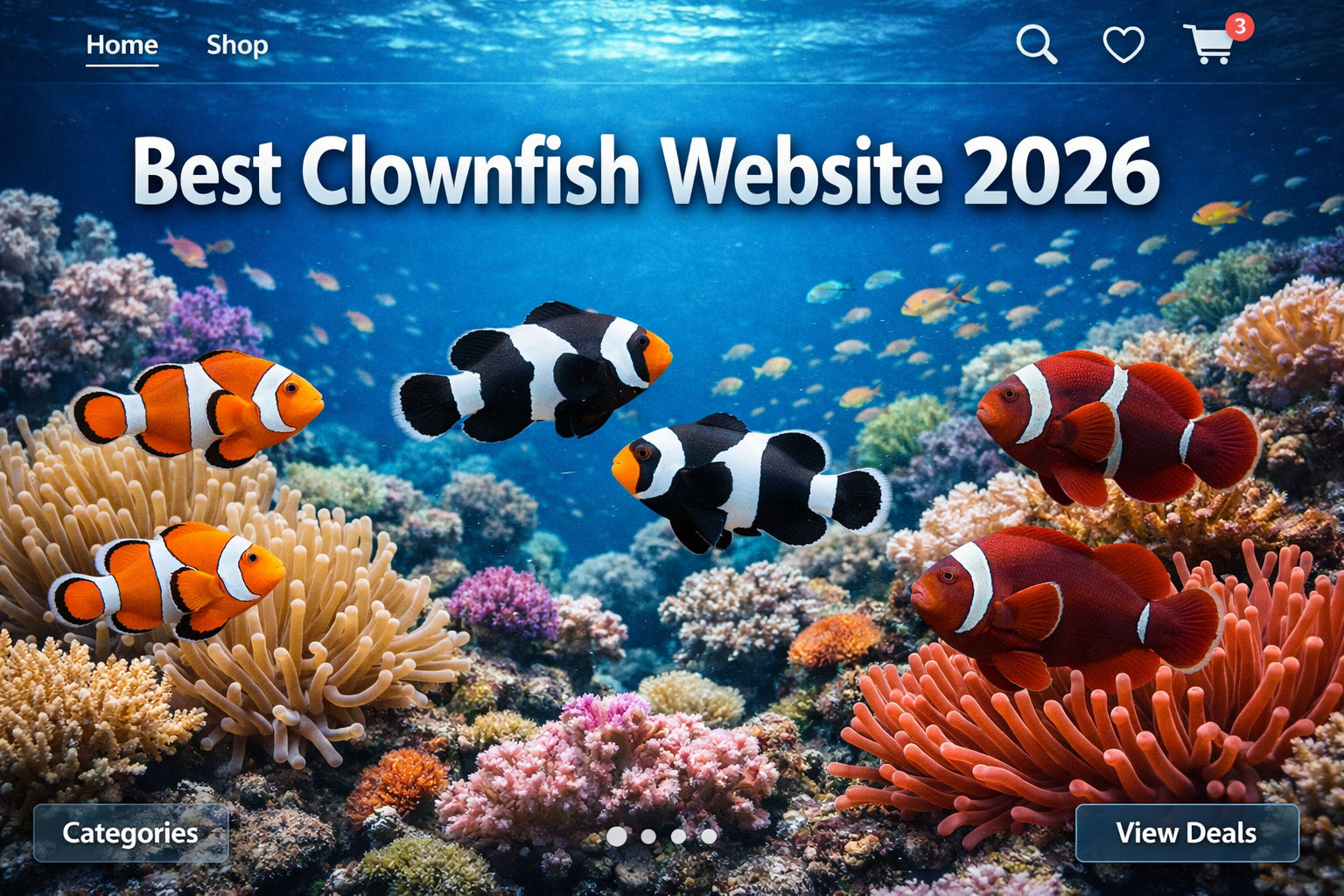Professional landscape hero image (1536x1024) featuring bold text overlay 'Best Clownfish Website 2026' in extra large 72pt white sans-serif