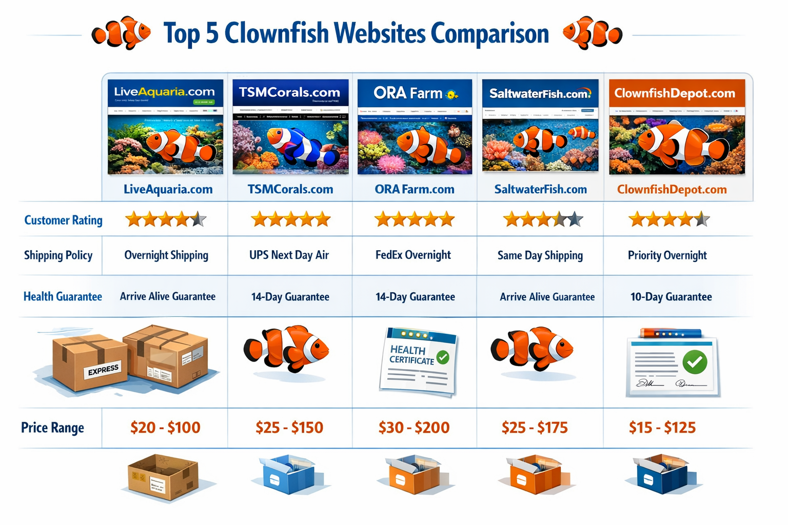 Detailed infographic showing top 5 clownfish websites comparison chart with star ratings, shipping policies, fish health guarantees, and pri