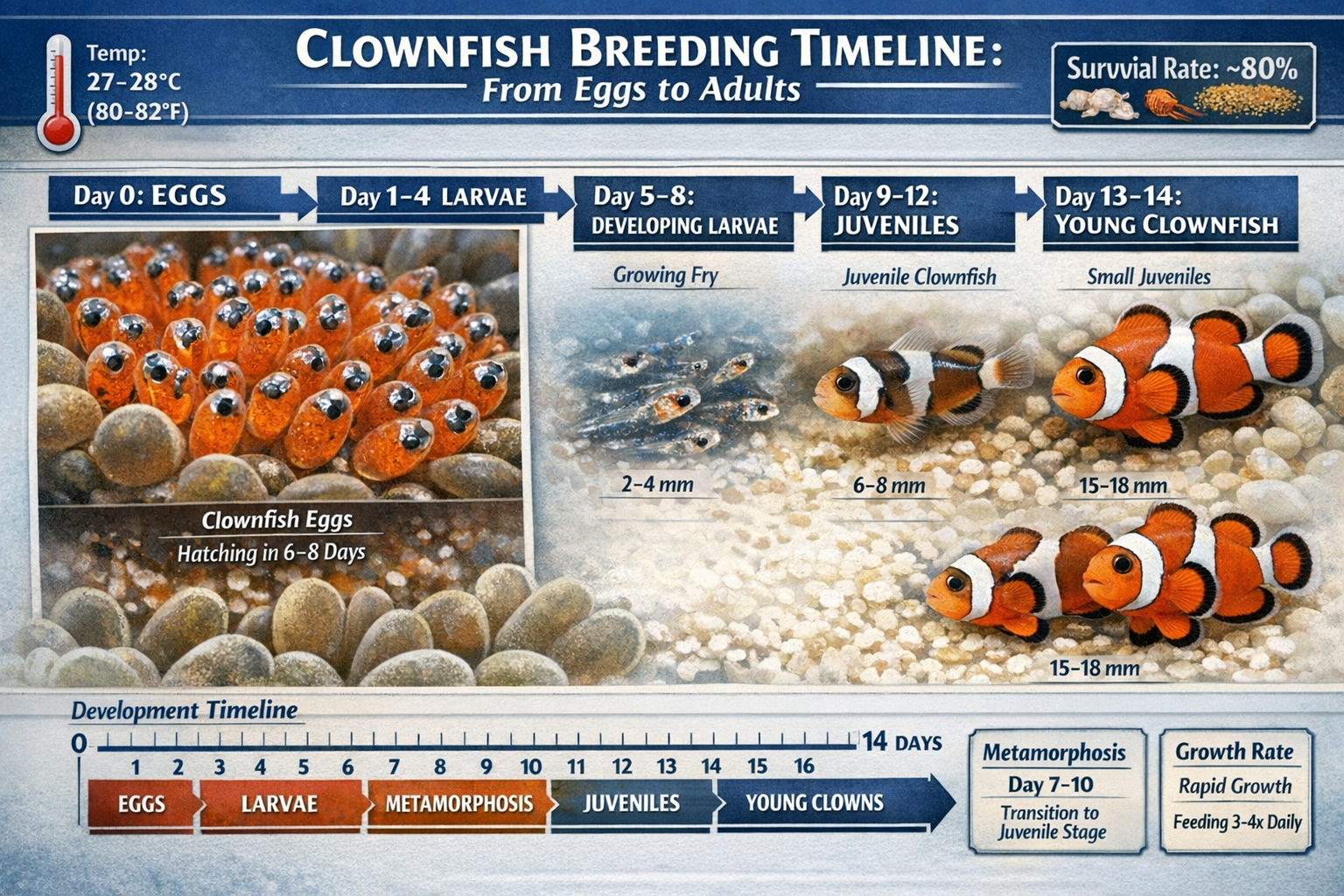 Interactive breeding timeline infographic showing clownfish lifecycle from eggs to adult fish over 14-day period. Detailed macro photography