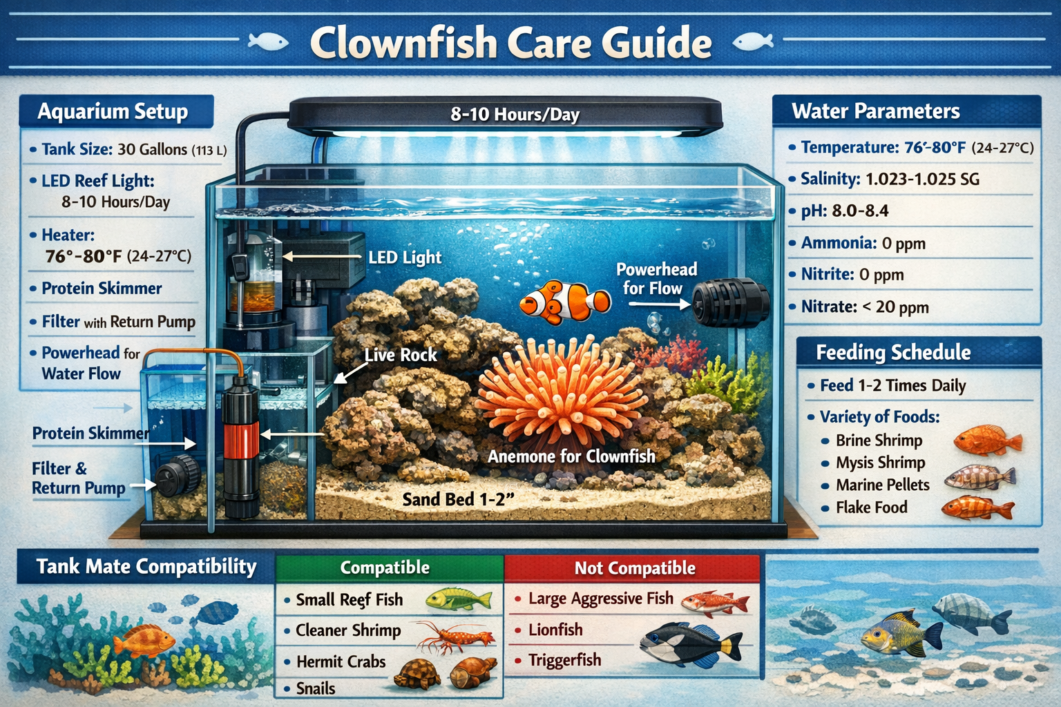 Detailed care requirements infographic featuring ideal saltwater aquarium setup for clownfish with labeled equipment, water parameter charts
