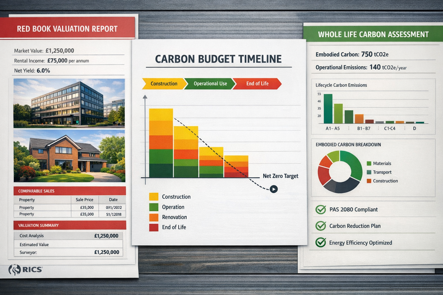 Detailed () image showing split-screen composition: left side displays traditional Red Book valuation report with financial