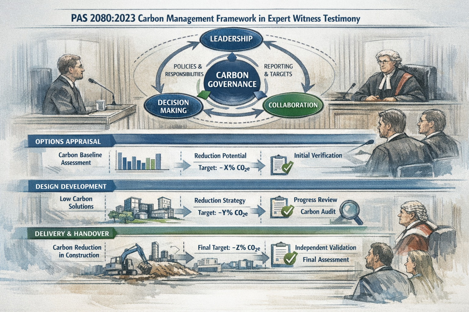 Comprehensive () infographic illustrating PAS 2080:2023 carbon management framework applied to expert witness testimony