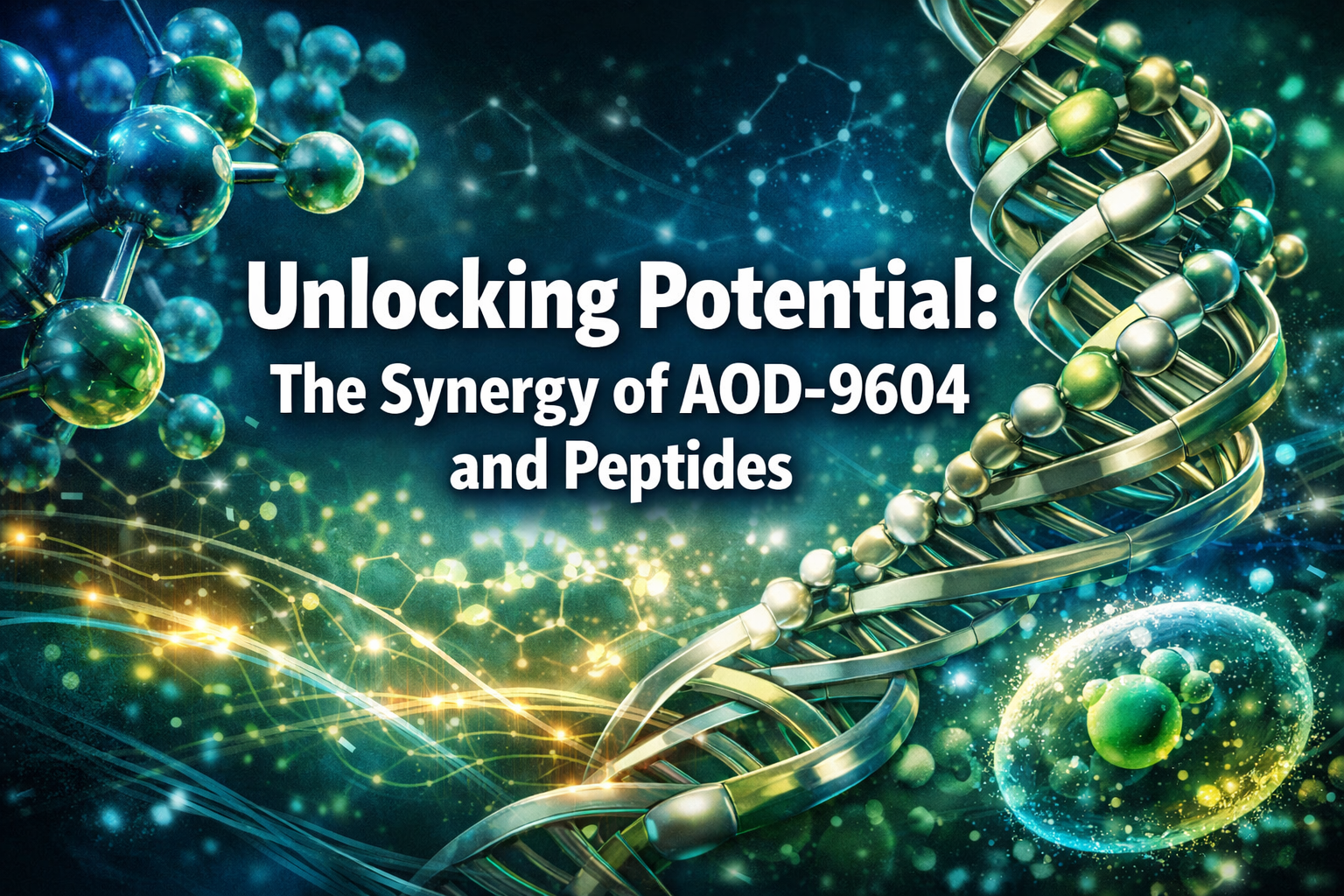 Professional landscape hero image (1536x1024) with bold text overlay: 'Unlocking Potential: The Synergy of AOD-9604 and Peptides', modern sa