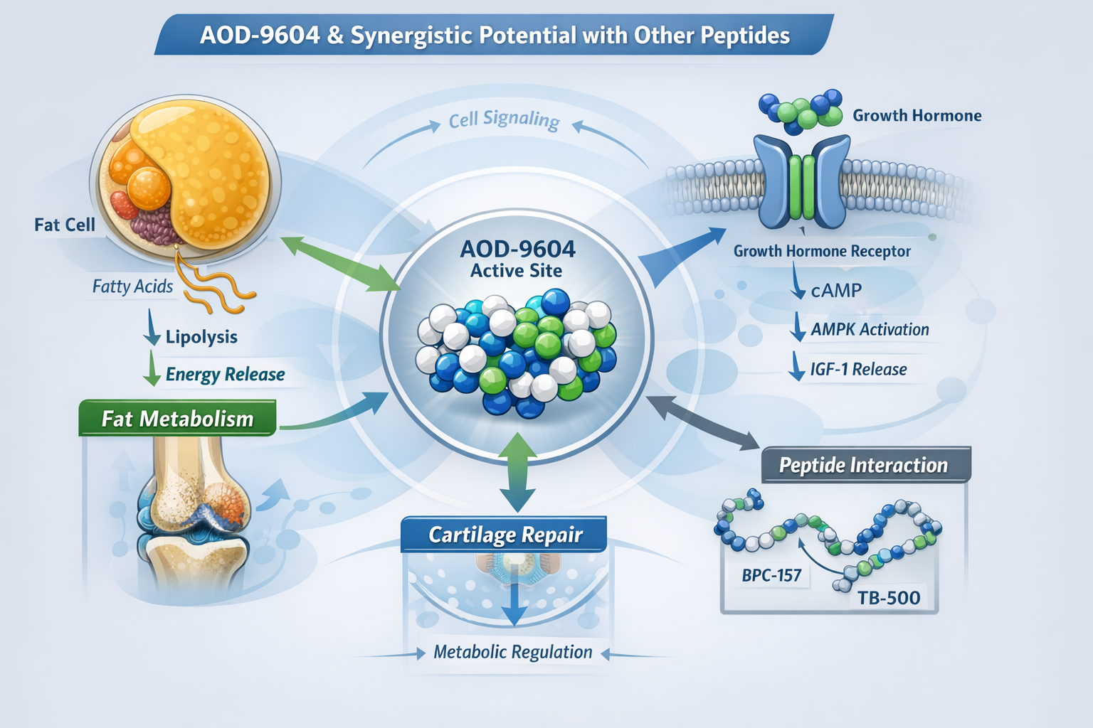 A detailed infographic illustrating the molecular mechanisms of AOD-9604 and its synergistic potential with other peptides, showing a styliz