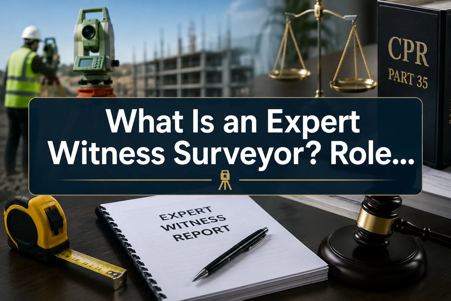 A reading "What Is an Expert Witness Surveyor? Role…". CRITICAL TYPOGRAPHY RULES: render the text on 1–2 lines, centered,