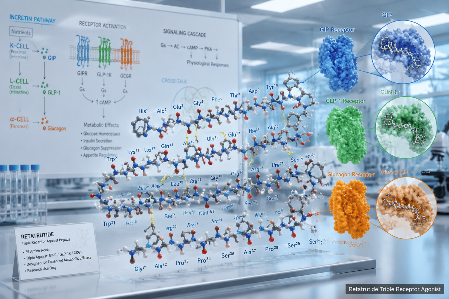 () detailed illustration of a molecular structure diagram of a 39-amino acid triple agonist peptide chain overlaid on a