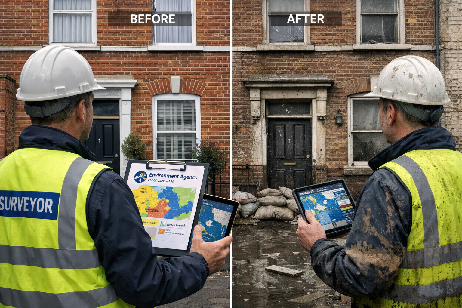 Wide-angle () showing a professional chartered surveyor in hi-vis vest standing outside a flood-damaged brick terraced house
