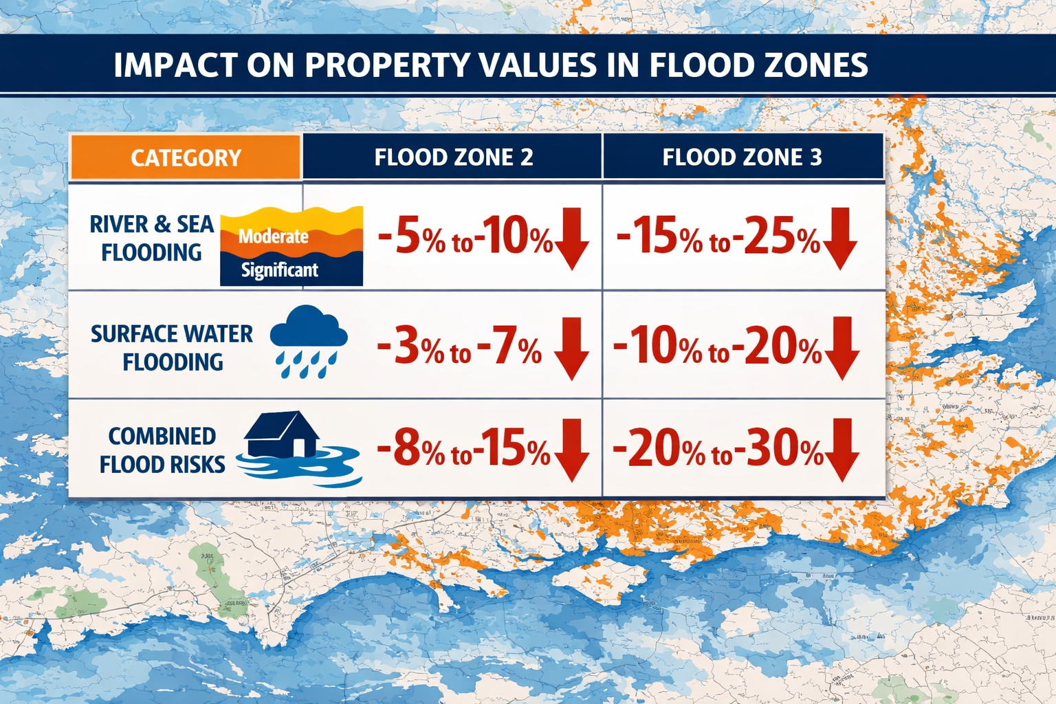 Detailed () infographic-style image showing a structured comparison table overlaid on a UK flood risk map background,
