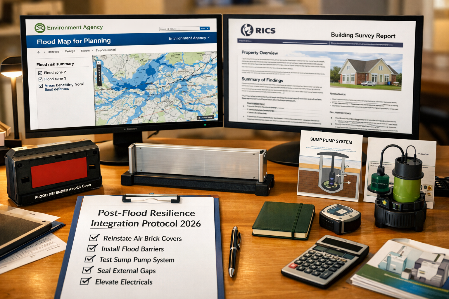 () showing a modern surveyor's office desk with dual monitors displaying the Environment Agency Flood Map for Planning