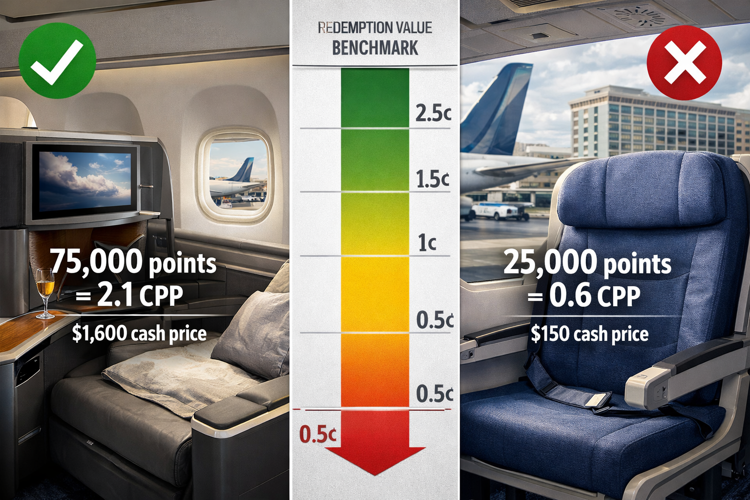 Landscape editorial photograph (1536x1024) showing side-by-side comparison of good versus bad redemptions. Left side (marked with green chec