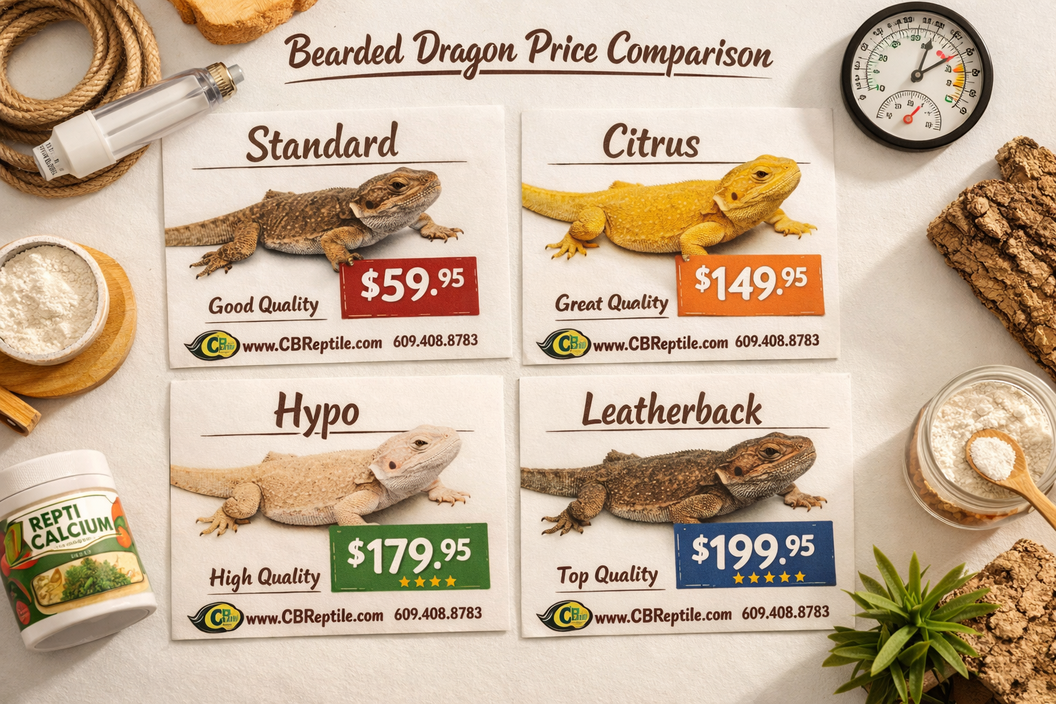 () overhead flat-lay style image of a bearded dragon price comparison table on a clean white surface, showing different