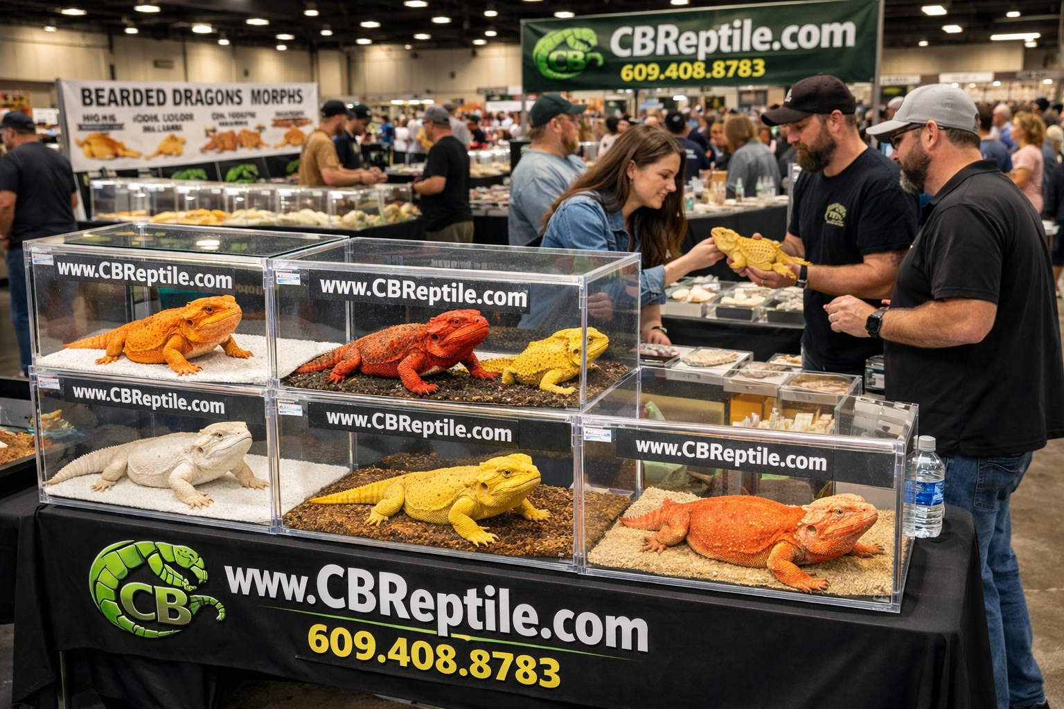 () wide-angle shot of a modern reptile expo or breeder showcase event, multiple professional display tables with healthy