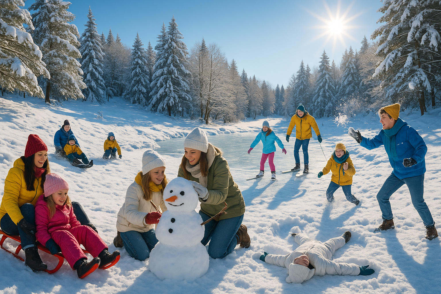 Landscape image (1536x1024) showing diverse outdoor snow activities including sledding down snowy hills, ice skating on frozen pond, snowman