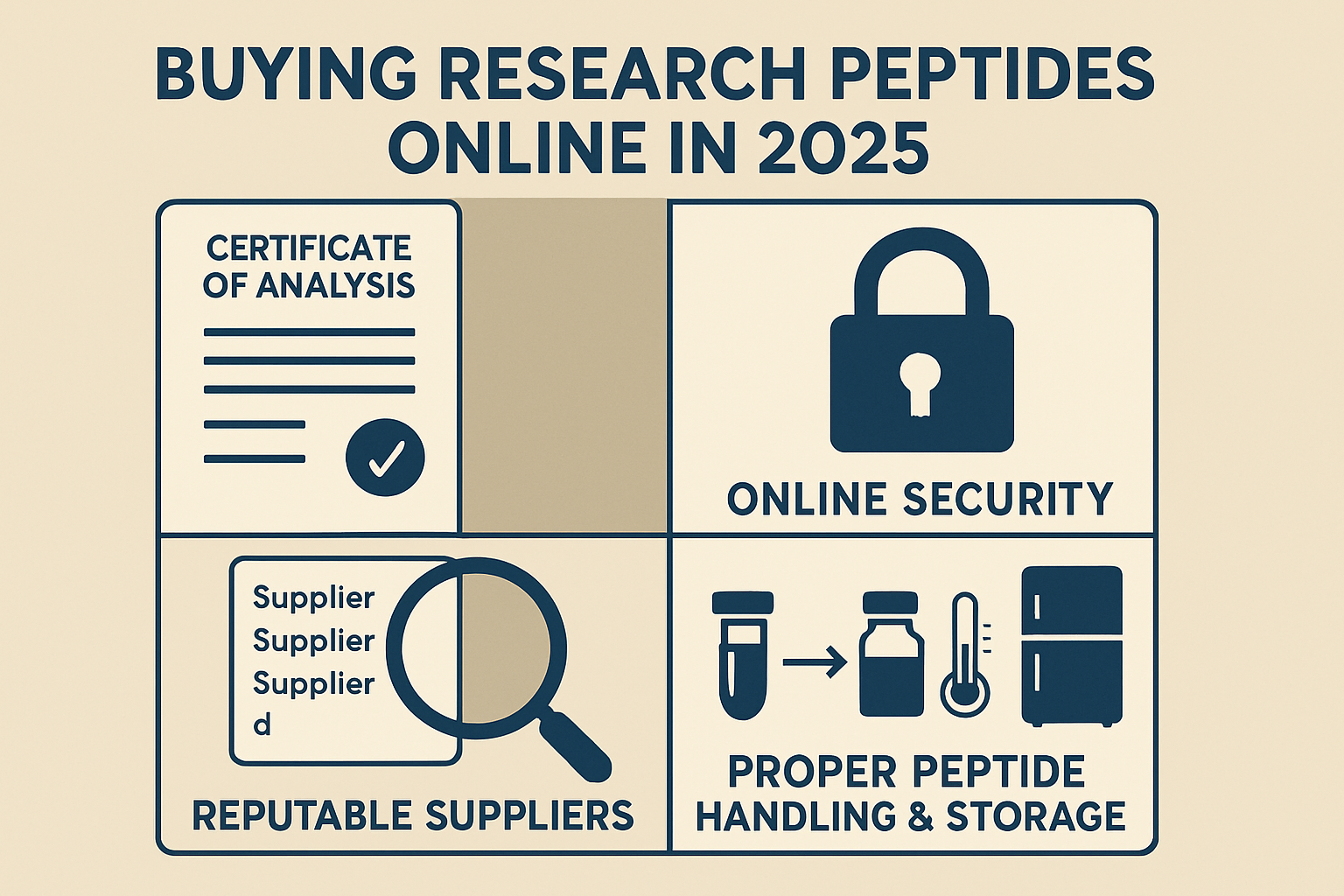 A visually engaging collage or multi-panel graphic showcasing the essential considerations for purchasing research peptides online in 2025. 