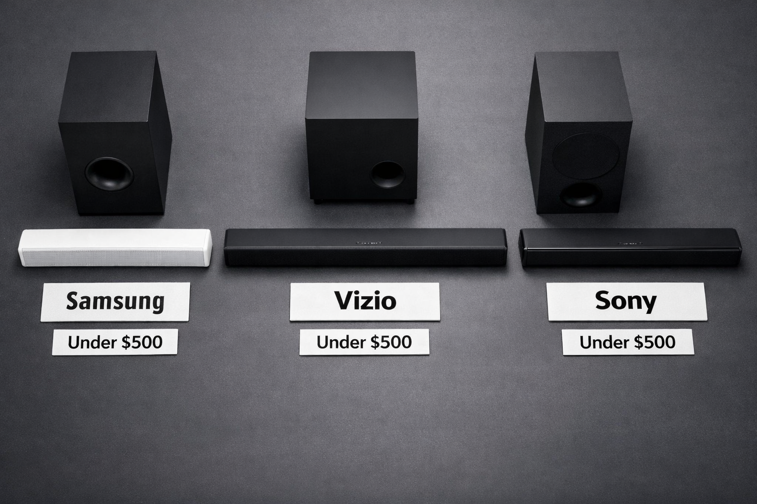 Landscape format (1536x1024) editorial image showing a comparison flat-lay of three popular soundbars with wireless subwoofers arranged side by side on a dark matte surface, product labels visible, price tags showing under $500, overhead bird's-eye angle, studio lighting with soft shadows, clean white and charcoal color palette, product review magazine aesthetic, sharp detail on speaker grilles and subwoofer ports 