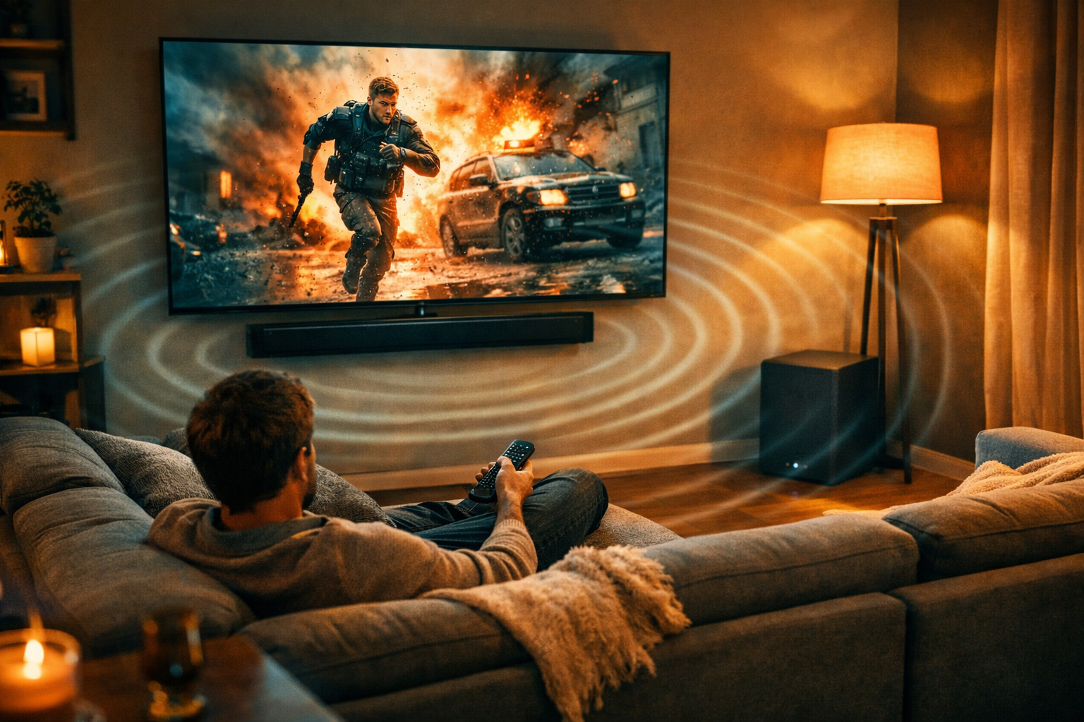 Landscape format (1536x1024) lifestyle photo showing a person relaxing on a modern grey sectional sofa watching an action movie, soundbar mounted below a large TV, wireless subwoofer visible in corner of room, bass waves illustrated as subtle visual ripples in the air, warm living room lighting, cinematic depth of field, cozy home theater atmosphere, teal and warm amber color grading, editorial photography style