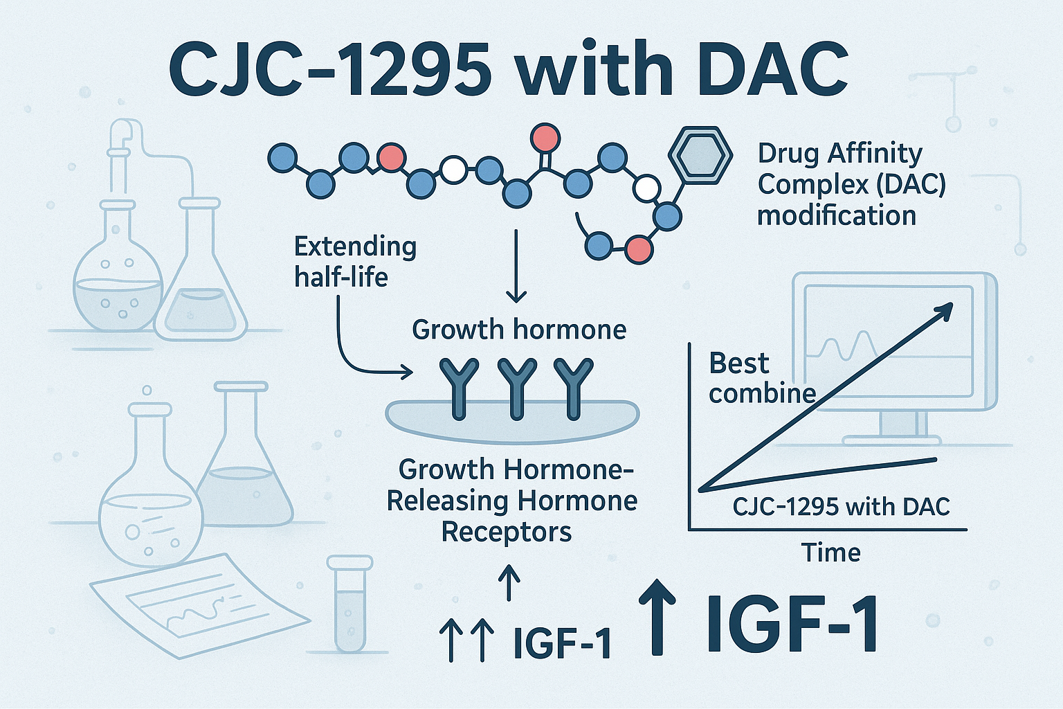 A detailed infographic illustrating the molecular structure of CJC-1295 with DAC, highlighting the Drug Affinity Complex (DAC) modification