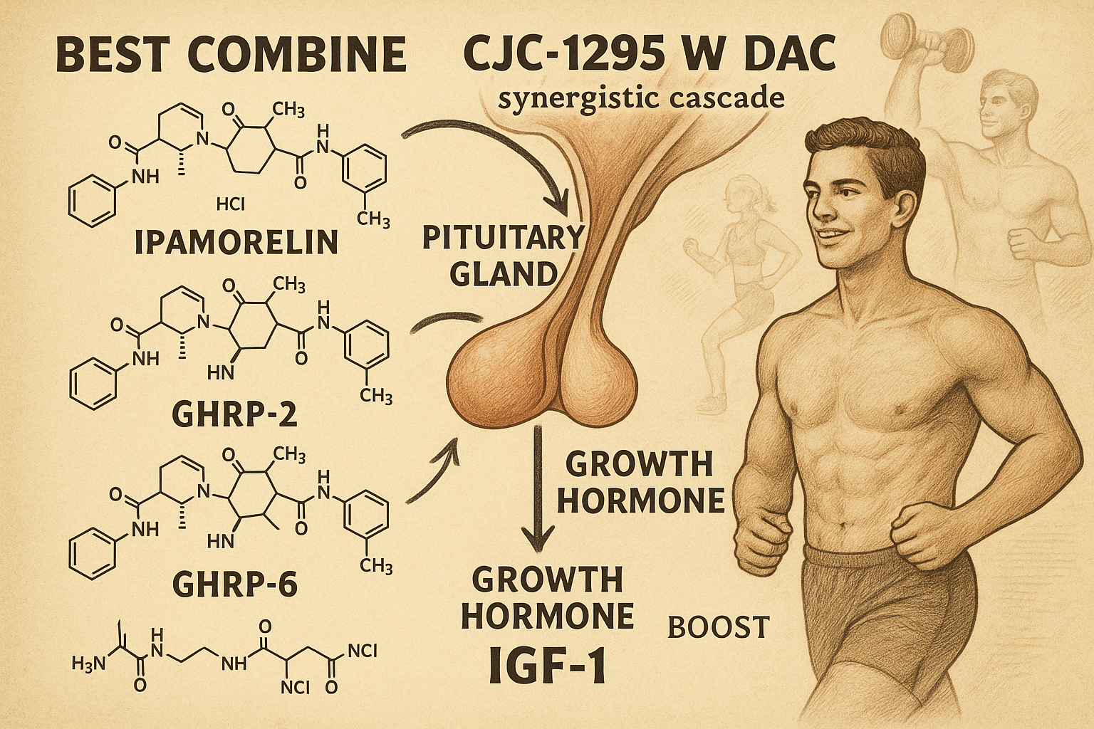 An intricate scientific illustration depicting the synergistic action of CJC-1295 with DAC alongside other key peptides like Ipamorelin, GHR