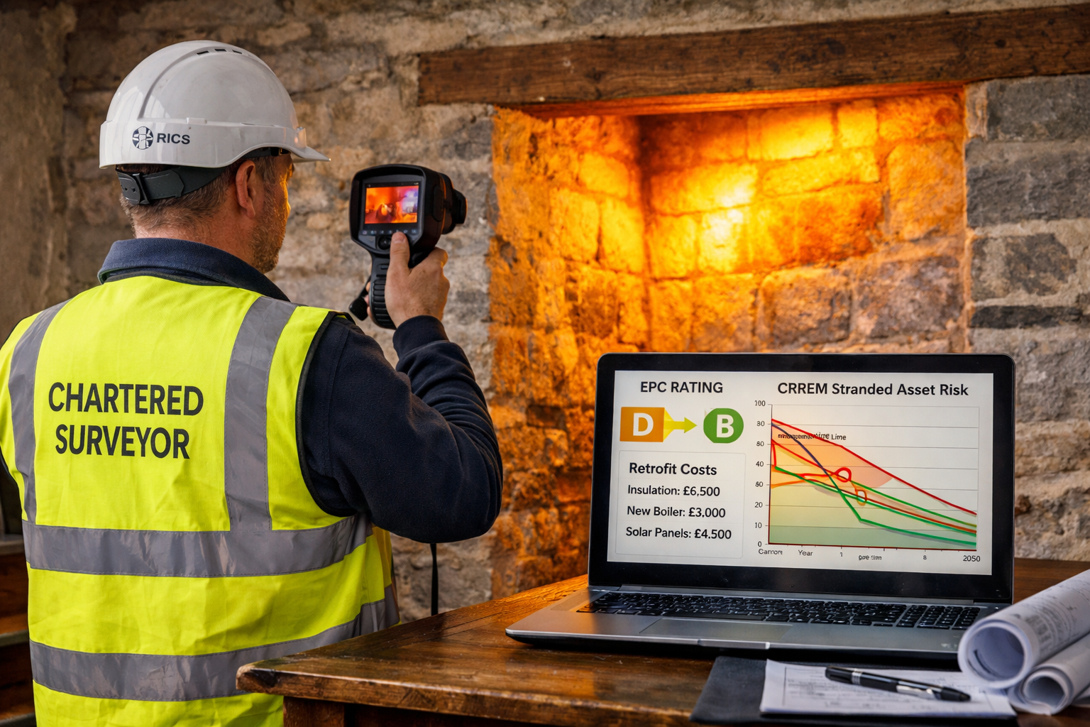 Wide-angle interior shot of a RICS-accredited chartered surveyor in hi-vis vest and hard hat using a thermal imaging camera