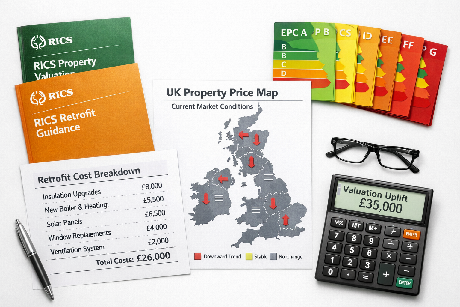 Flat-lay overhead composition showing a professional property valuation desk with RICS guidance documents, EPC certificates