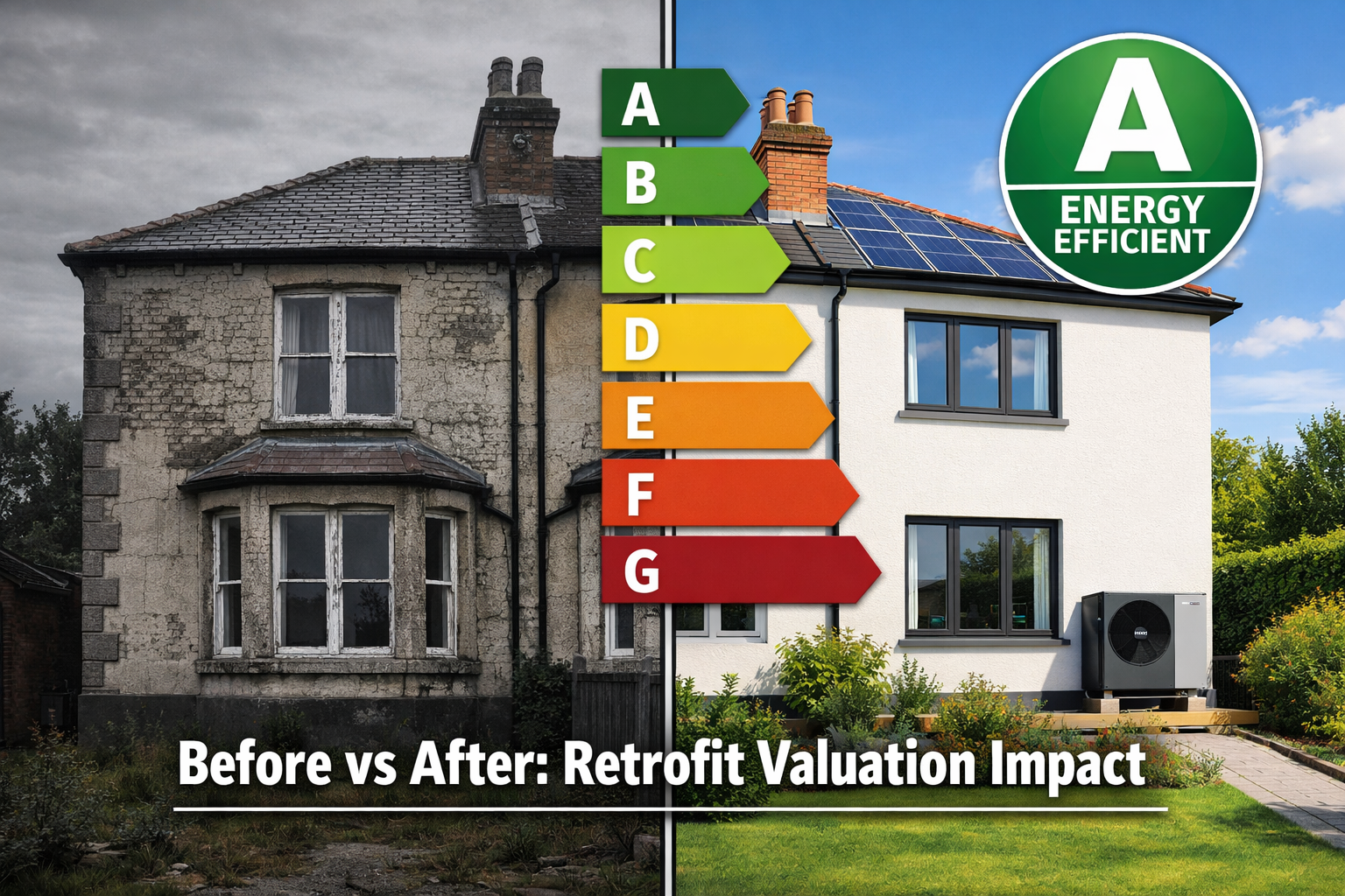 Split-scene landscape image: left side shows a pre-retrofit Victorian UK semi-detached house with crumbling mortar and