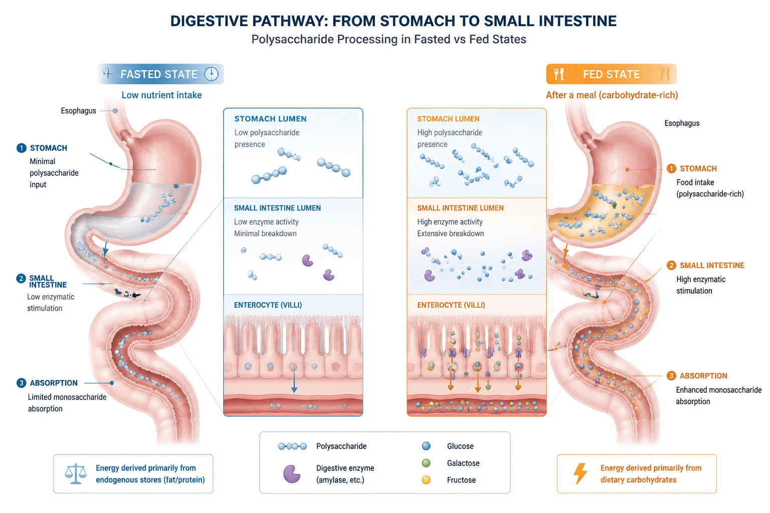 Detailed () illustration of the human digestive system in clean medical infographic style, showing the pathway from stomach
