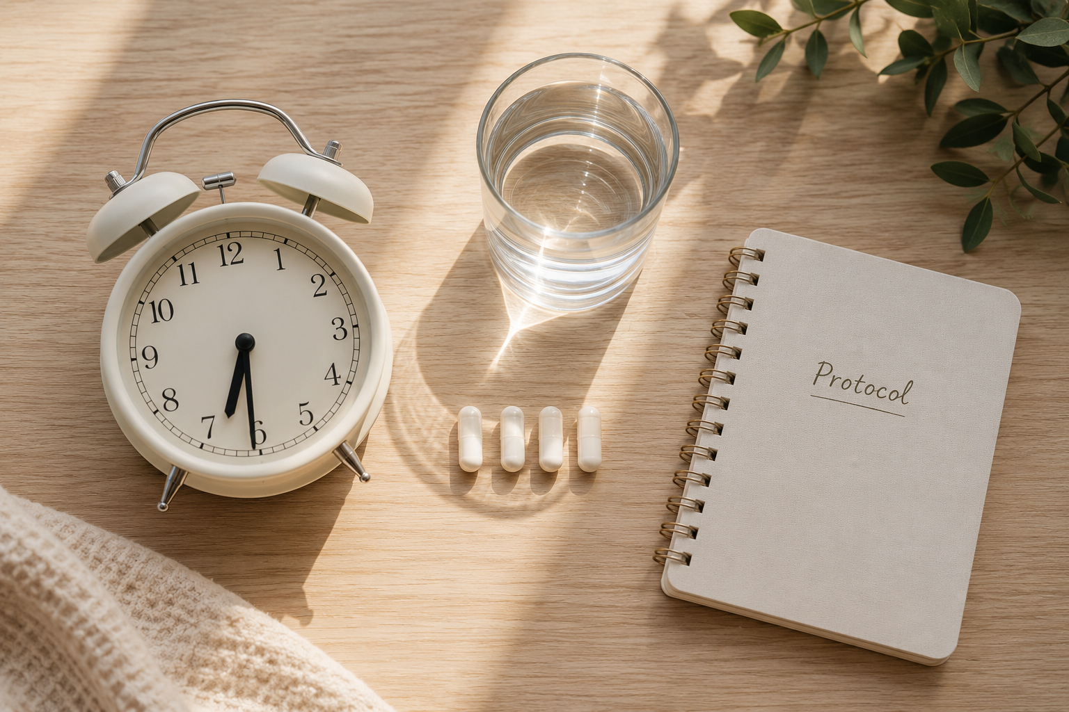 () overhead flat-lay photograph of a minimalist morning routine scene: an analog alarm clock showing 6:30 AM, a single glass