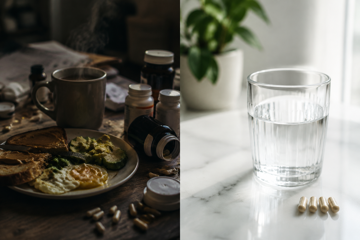 () split-composition photograph showing on the left side a steaming coffee mug, a plate of food, and scattered supplement