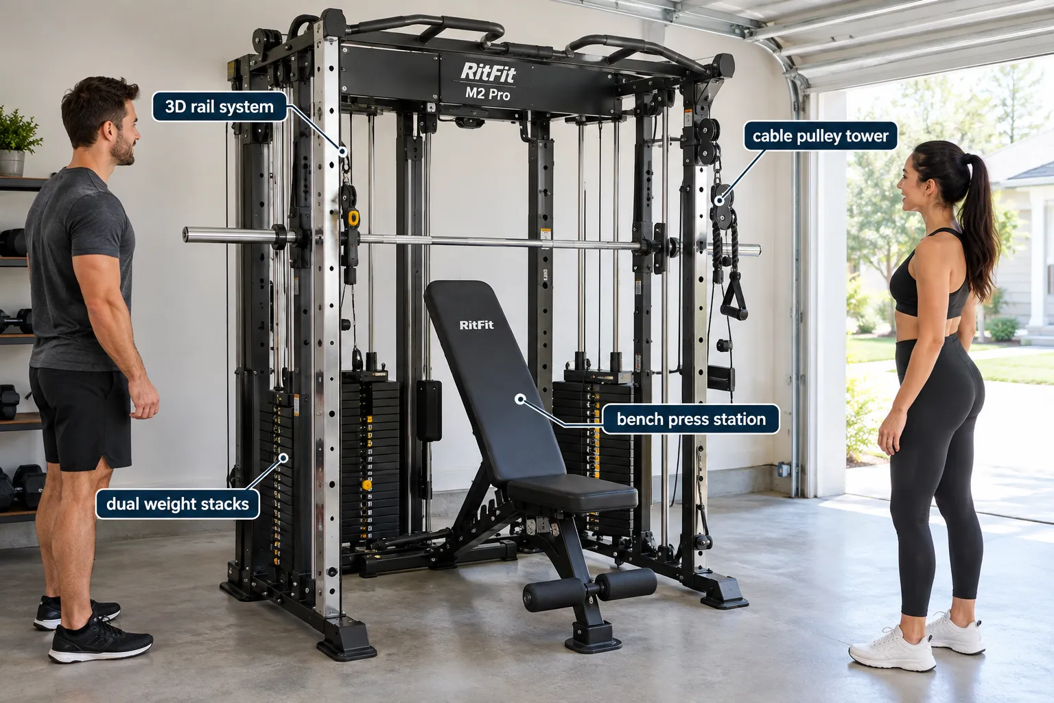 Documentary style editorial photograph of an assembled RitFit M2 Pro 3D Smith machine in a home garage gym, bright natural daylight through a garage door, with four small callout labels pointing to distinct parts: '3D rail system', 'dual weight stacks', 'bench press station', 'cable pulley tower', clean uncluttered background, realistic textures on steel frame and vinyl padding. What Is the RitFit M2 Pro 3D and What Does It Do