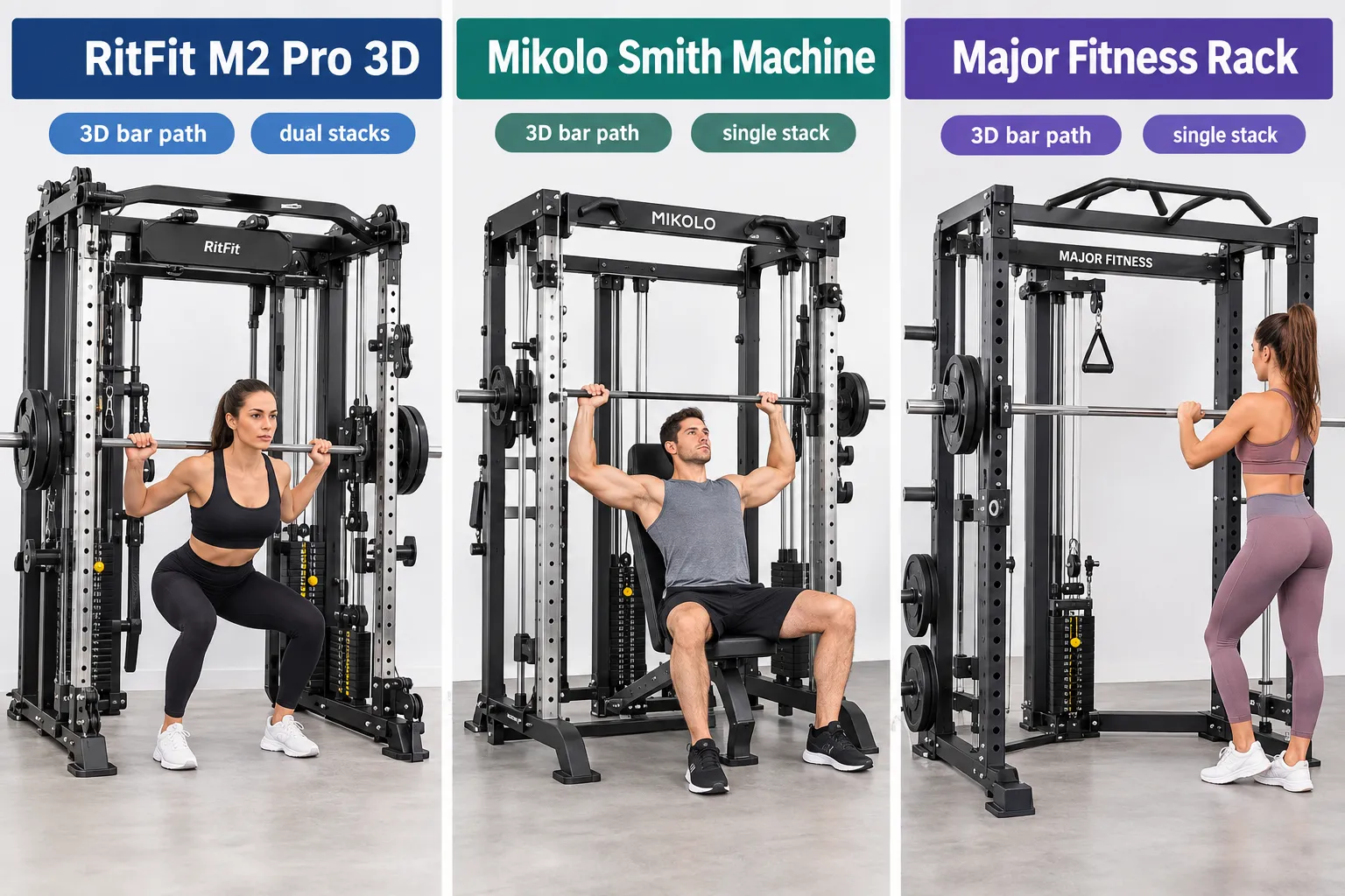 Three panel side by side studio comparison photograph showing three distinct home Smith machines under bright even studio lighting, each panel topped with a short label: 'RitFit M2 Pro 3D', 'Mikolo Smith Machine', 'Major Fitness Rack', each panel with two or three short feature labels like '3D bar path' and 'dual stacks' and 'single stack', magazine style comparison layout, no pricing or checkmarks rendered. RitFit M2 Pro 3D vs Other Smith Machines Comparison